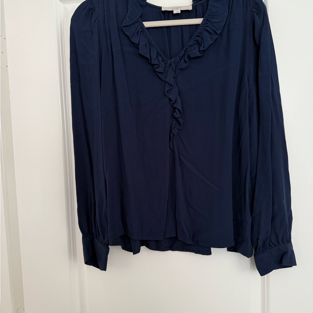 LOFT Blue Ruffled Puff Sleeve Blouse